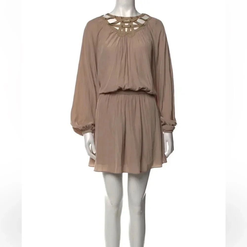 RAMY BROOK BOHO bateau neckline tie waist tan long sleeve mini dress sz small